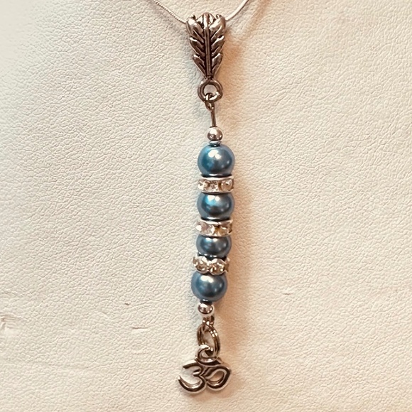 925 Sterling Silver Chain w/Blue Beads Crystal Rondelle’s & Om Charm Hand Made - Picture 13 of 13
